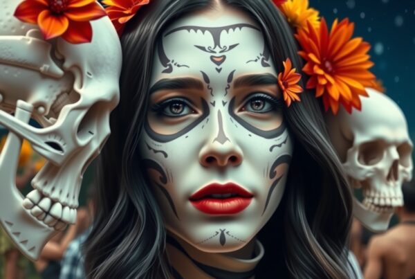 A woman with Dia de los Muertos face paint, adorned with vibrant flowers, amidst skulls under a night sky.