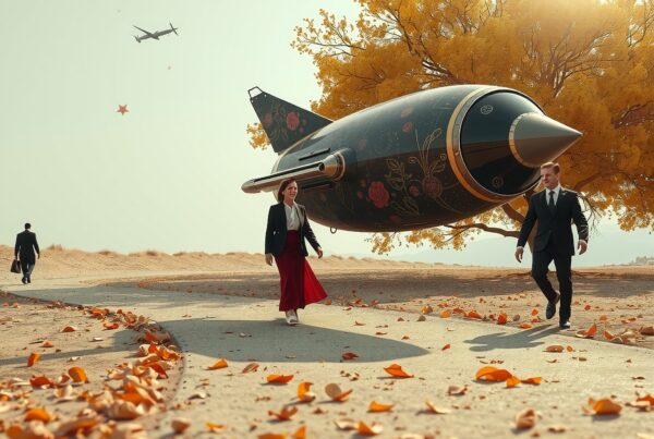 A surreal desert scene with a floral rocket, two individuals in formal attire, and vibrant autumn leaves.
