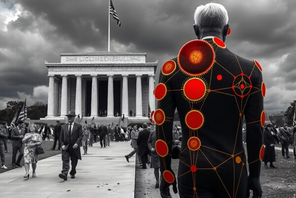 A futuristic figure stands before a historic monument with an intricate design suit.