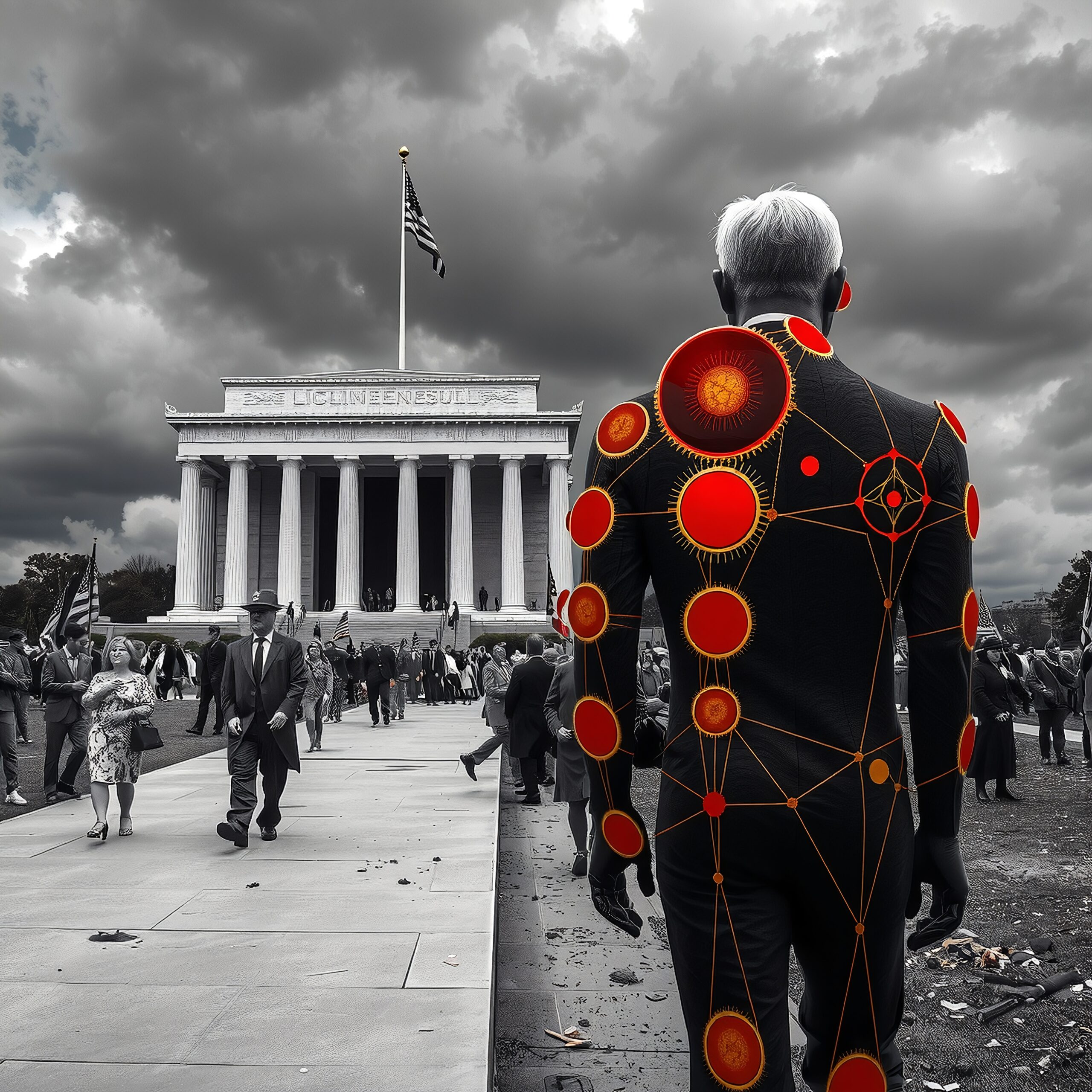 Futuristic Figure at Historic Monument