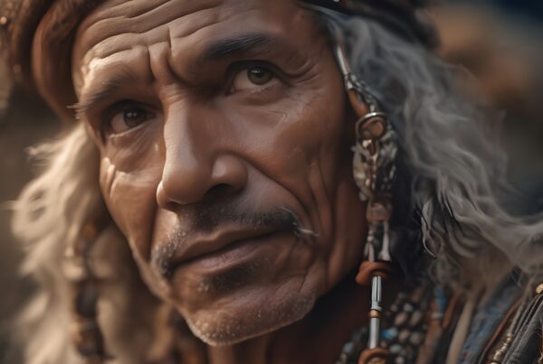 Portrait of an elderly man wearing an ornate headpiece, showcasing wisdom and tradition.