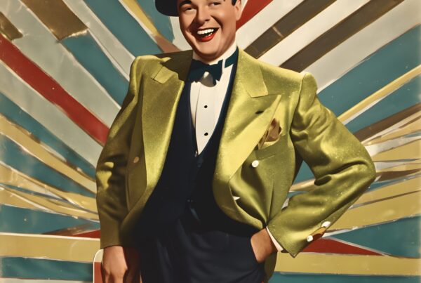 A man in a vintage suit with a colorful background.