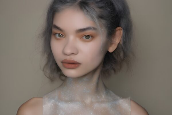 A portrait of a woman with dark hair and starry, ethereal skin against a neutral background.