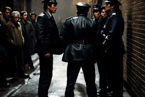 A group of police officers discuss an urgent matter in a dimly lit alley, observed by curious onlookers.