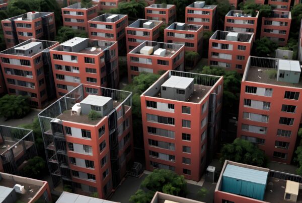 Aerial view of dense red-brick apartment buildings with greenery.