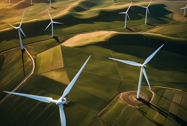 Aerial view of wind turbines on rolling green fields at sunset, highlighting sustainable energy and natural landscape harmony.