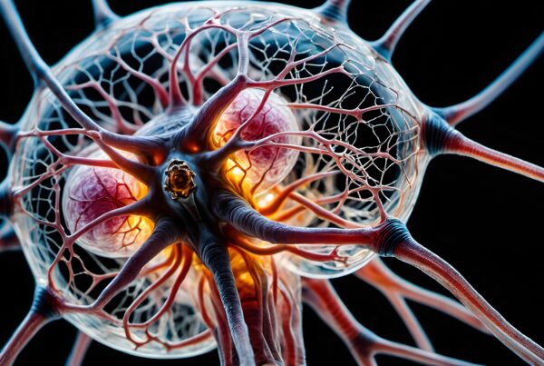 Close-up of intricate neuron structure with glowing network and vivid details against a black background.