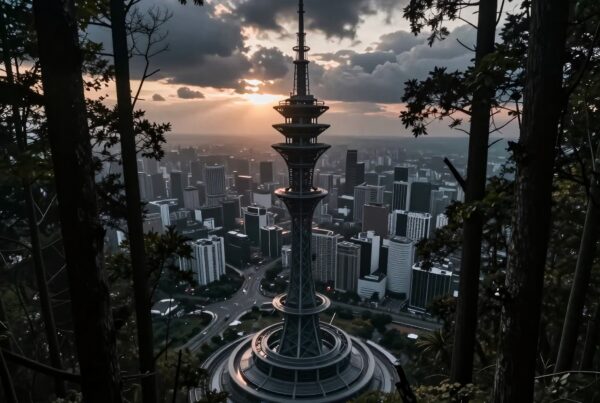 Dramatic cityscape with modern tower and sunset.