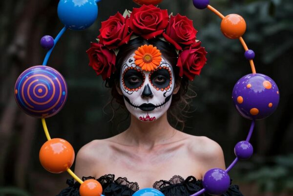A woman with Dia de los Muertos face paint and red rose crown stands with an abstract halo of colorful orbs in a forest setting.