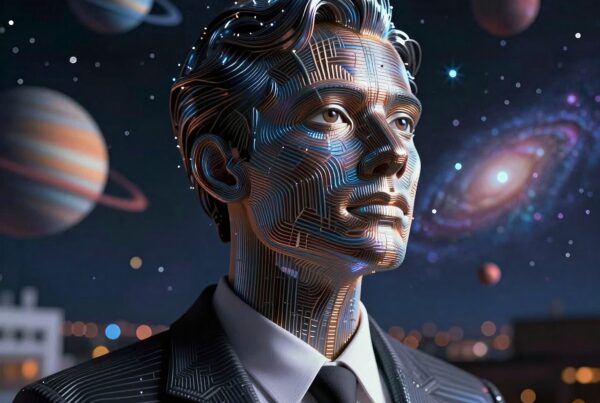 A man with circuit patterns gazes at the stars in a futuristic, cosmic scene.