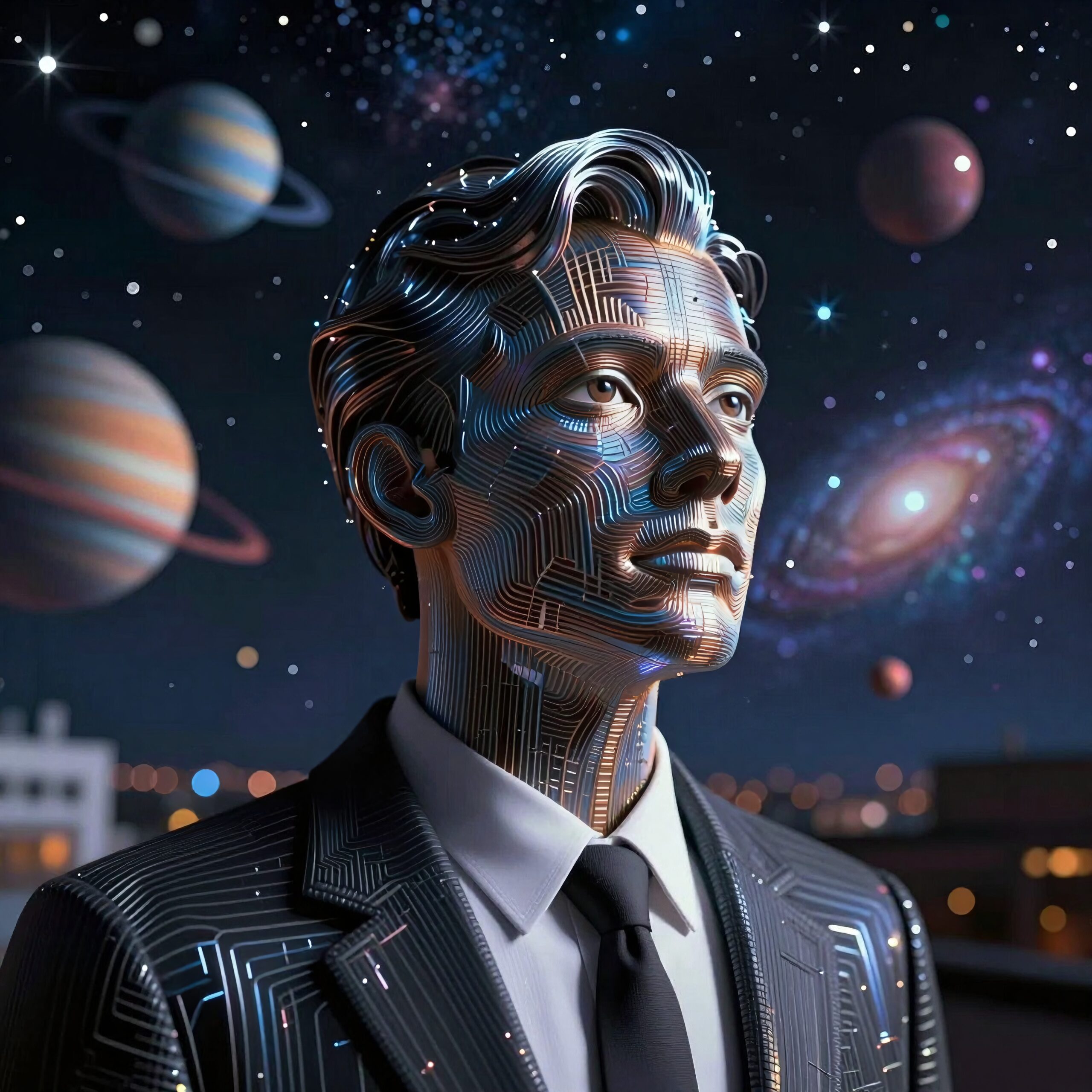 Futuristic Man in Cosmic Circuitry