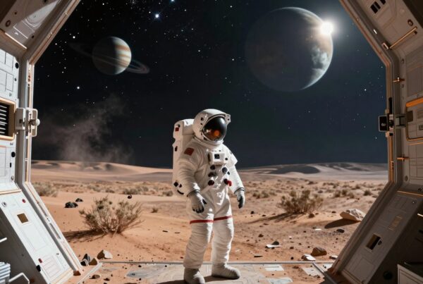 Astronaut exploring alien world at night, space adventure.