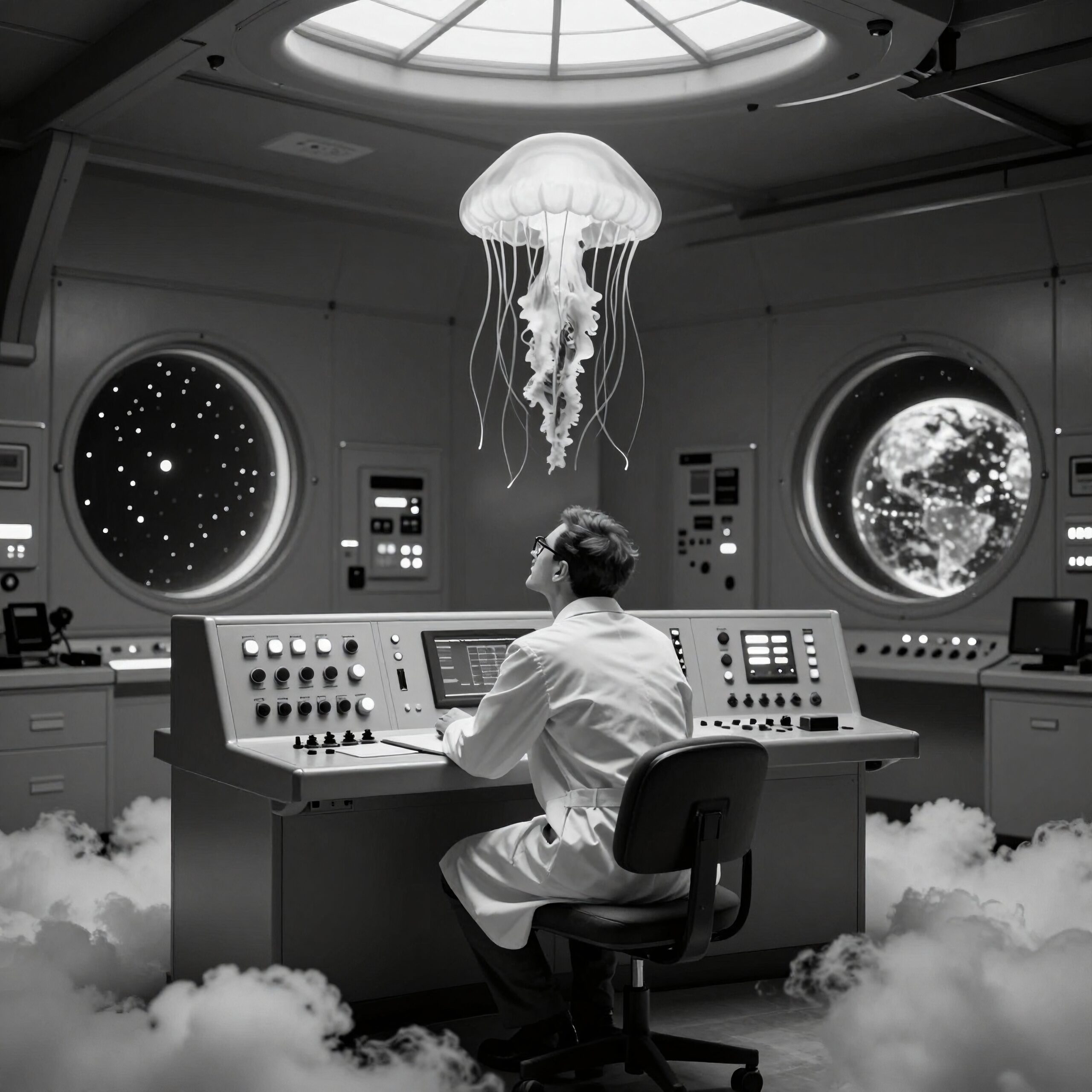 Floating jellyfish in control room