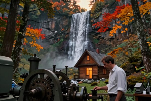 A man operates a vintage machine near a forest waterfall and log cabin.