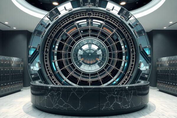 A futuristic vault room with sleek marble and metallic designs, illuminated by circular lights.