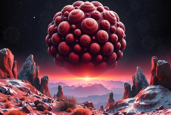Surreal red sphere above alien desert landscape with starry sky.