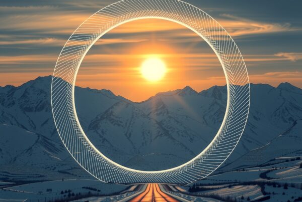 Sunset over snowy road with geometric digital circle.
