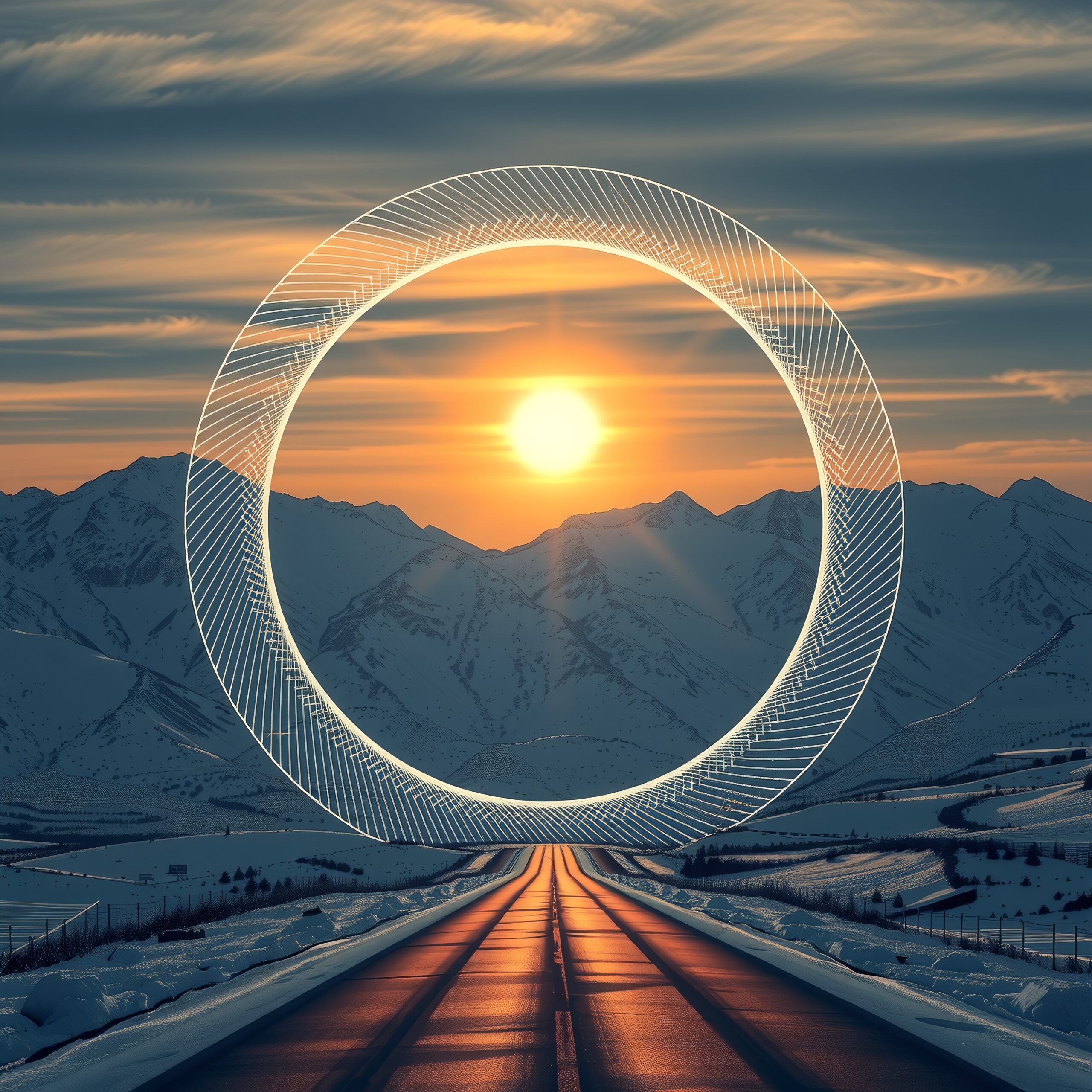 Futuristic Sunset on Snowy Highway