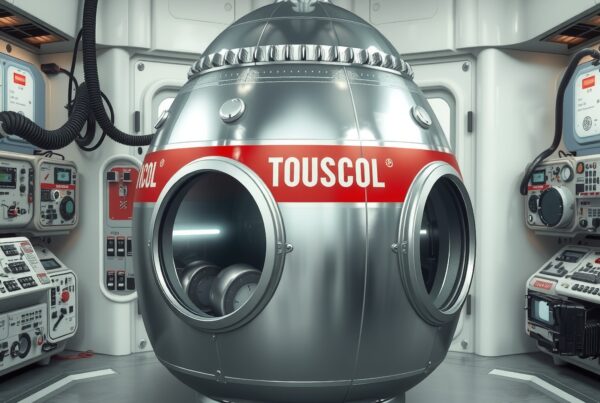 Futuristic pod in advanced control room setting.