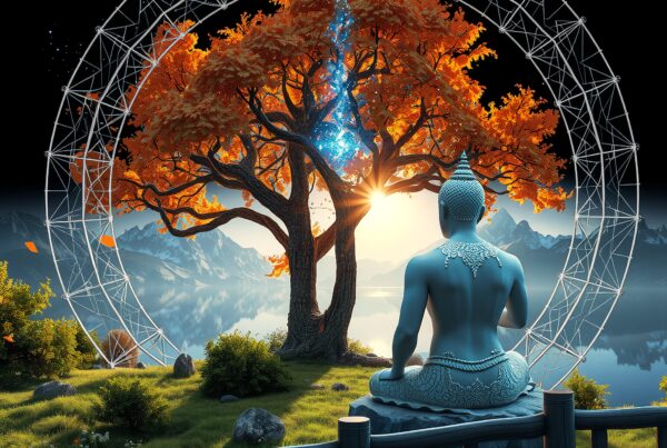 Blue Buddha statue meditates in a luminous landscape beneath a celestial tree and geometric portal flanked by serene mountains and reflective waters.
