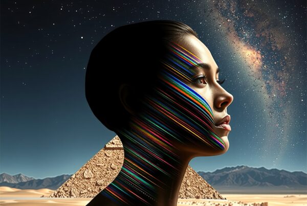 A futuristic portrait of a woman with multicolored stripes, set against a pyramid and starry night sky backdrop, blending ancient and cosmic elements.