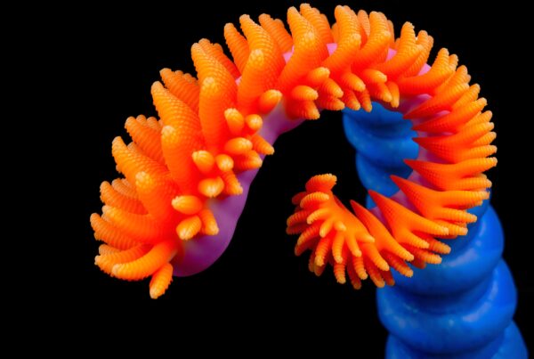 A vibrant, abstract sculpture with orange and blue spirals on a dark background.