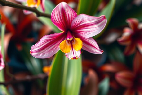 Close-up of a vibrant pink orchid flower with intricate details and a lush blurred background.