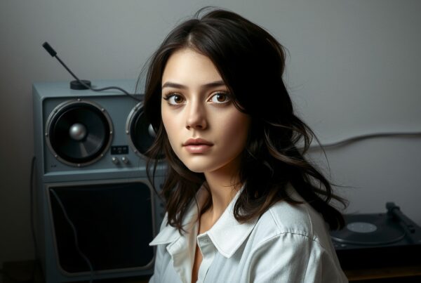 Portrait of a young woman with vintage audio equipment backdrop.
