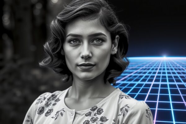 A monochrome portrait of a woman with curls and a floral blouse, against a neon digital grid backdrop, blending retro and futuristic styles.