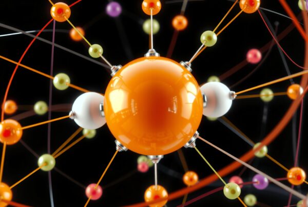 Colorful molecular model showcasing atoms connected by rods, set on a black background, with a large orange central sphere reflecting light.