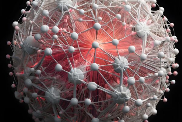 Spherical structure resembling virus model with intricate network and glowing core.