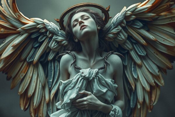Angelic figure with detailed feathers, serene expression, and divine halo.