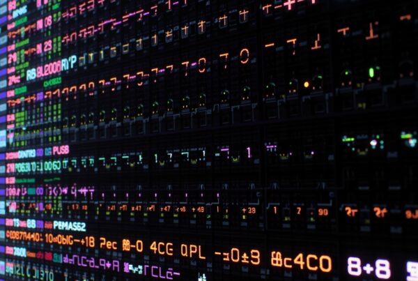 Bright neon symbols on a dark screen showcasing complex digital data.