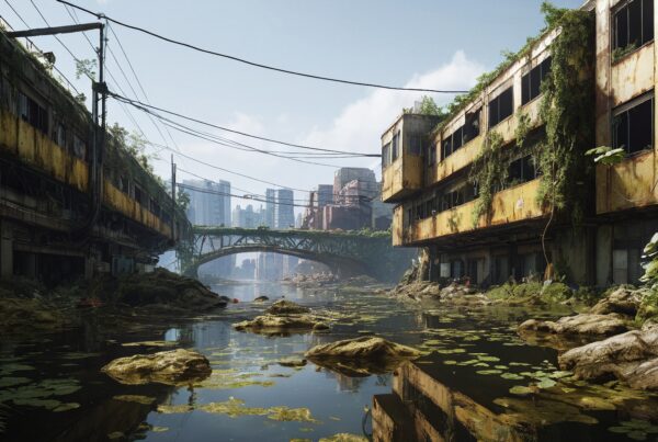 An overgrown urban landscape with decaying buildings.