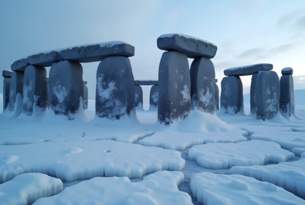 A frosty Stonehenge-like structure blanketed in snow.