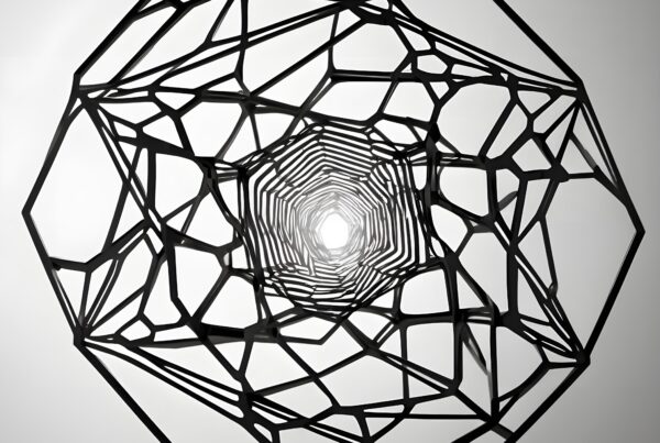 Intricate black geometric network on light background.
