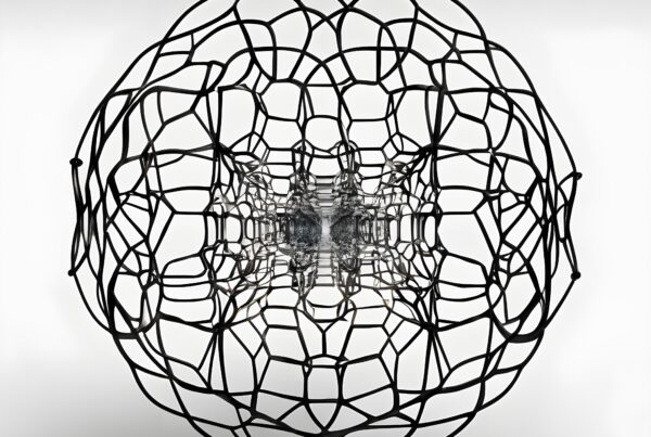 An intricate spherical geometric structure with black interconnected lines, evoking both organic and mechanical themes.