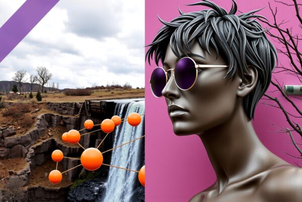 A striking digital artwork featuring contrasting elements of a waterfall landscape and a futuristic mannequin against bold colors.