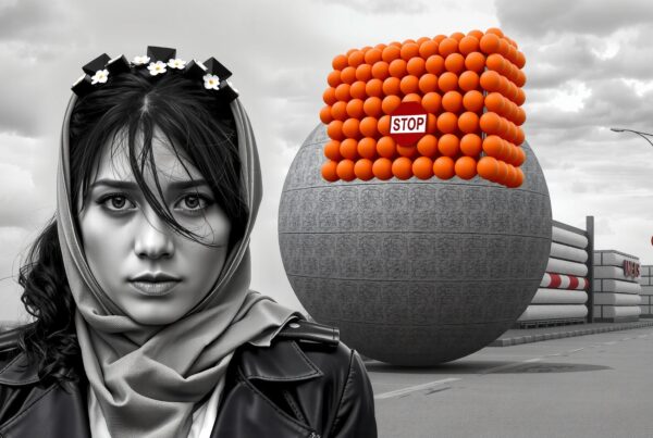 Portrait of a young woman with a surreal backdrop featuring a stone sphere and orange accents on an overcast day.
