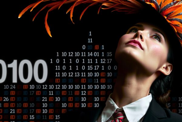 A fashionable woman in a feathered hat looks upward, set against a background of binary code and numbers, blending fashion with technology.