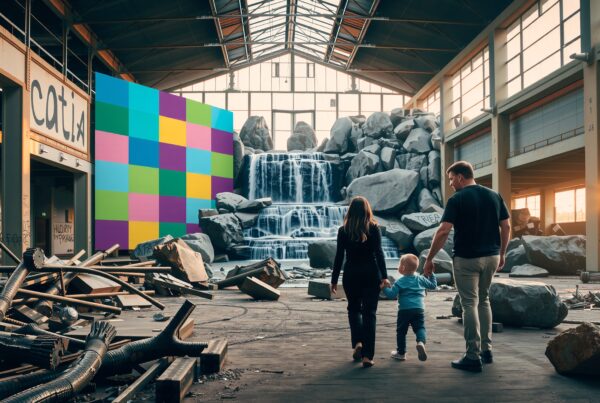 A family walks through a graffiti-filled warehouse towards an artificial waterfall, with sunlight shining through large windows.