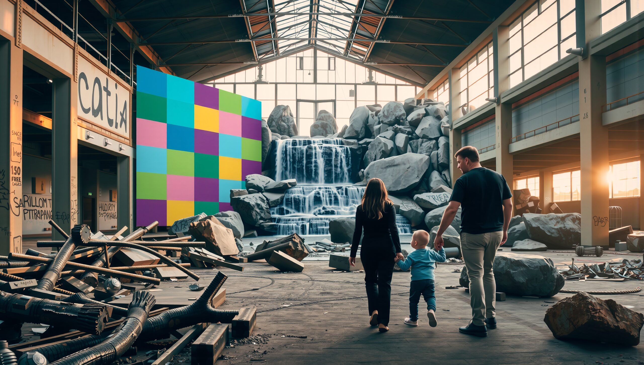 Family explores urban waterfall world
