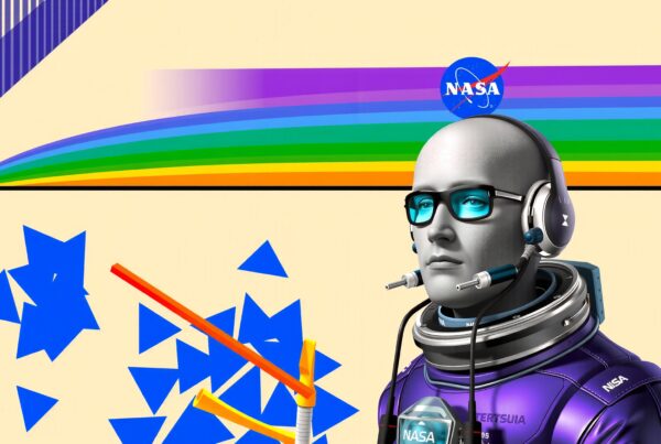 Futuristic humanoid in NASA suit, abstract art background.
