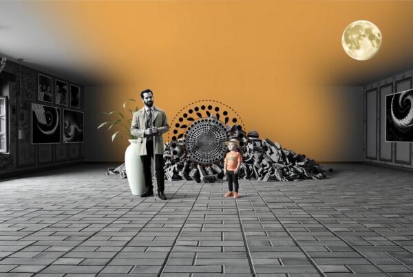 A surreal indoor scene featuring a suited man, child, and abstract elements under a glowing moon.