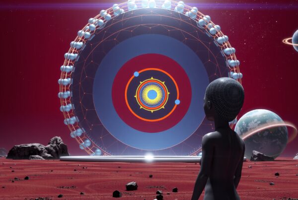 An alien figure stands on a rocky planet surface, gazing at a large, circular cosmic structure with planets in the background.