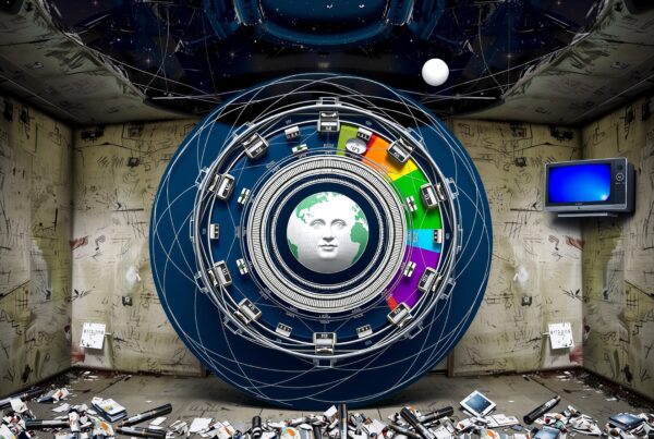 Surreal room with cosmic and technological elements.