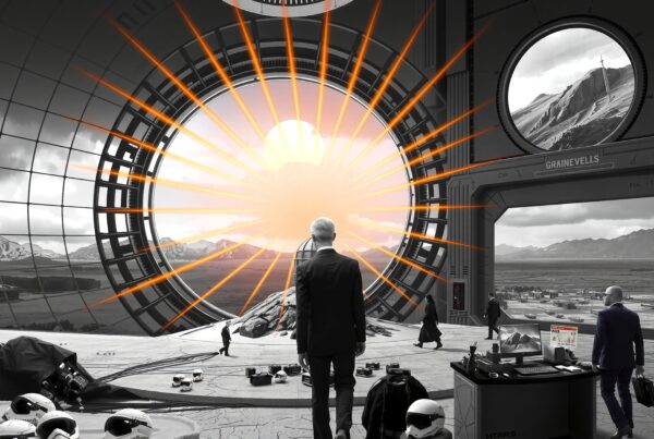 Futuristic office with large circular window, advanced technology, and mountainous landscape.