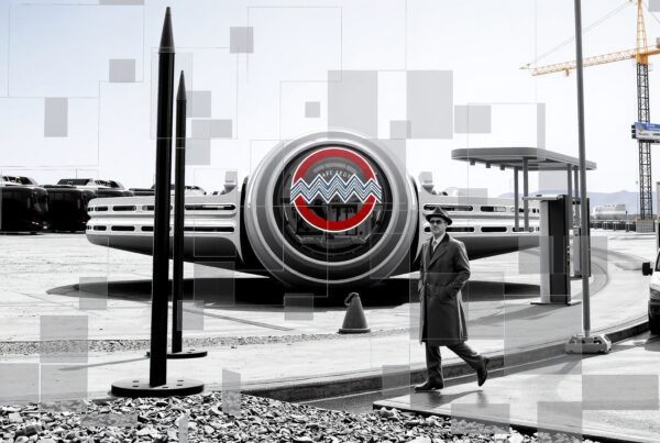 Futuristic parking lot with retro-modern design featuring a man walking.