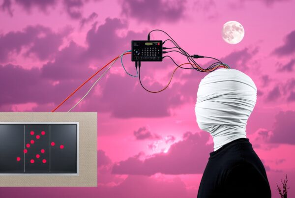 A figure with a wrapped head connected to a control box with red data points amidst a pink sky.