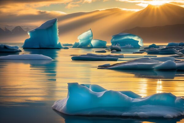 Dramatic sunset over tranquil icebergs on calm ocean waters.